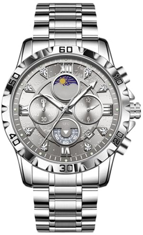 RORIOS Relojes Multifuncional para Hombre Reloj Elegante Diamante Reloj de Pulsera Moda Analógico Cuarzo Reloj Acero Inoxidable Cronógrafo Plateado Gris