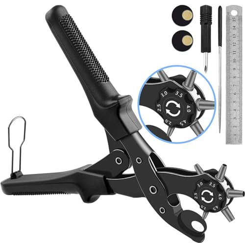 FYting Agujeros Cinturon,Sacabocados Cuero,Perforadora de Cuero Manual Giratorio de 6 Tamaños (2-4,5 Mm) con Regla, Herramienta, para Cinturones,Zapatos de Cuero, Correas de Relojes,Collares (Negro)