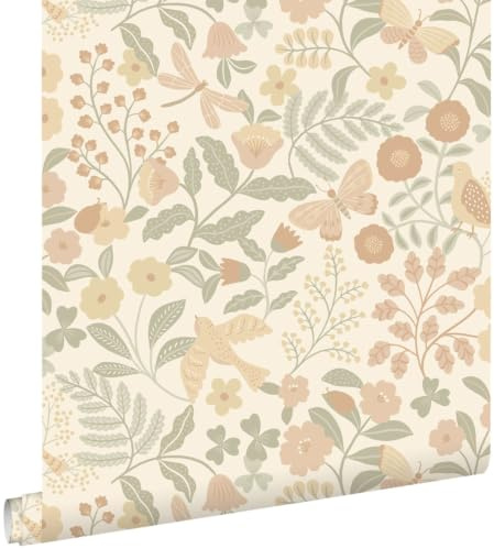 ESTAhome tapet blommor och fåglar beige, grönt och milt rosa 53 cm x 10.05 m