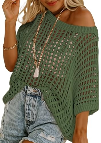 NARUPE Top da spiaggia con spalle scoperte casual a maniche corte all'uncinetto, top in maglia alla moda, Verde, L