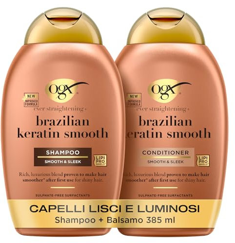 OGX Set Capelli Shampoo e Balsamo Ever Straightening + Brazilian Keratin Smooth con balsamo e shampoo cheratina districante capelli, Kit con prodotti per capelli crespi, 2 x 385 ml – Esclusiva Amazon