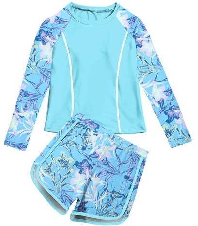 Vogseek Size 8-10 Girls Rash Guard Swimsuit with Long Sleeve Swim Shirt Girl's 2 Pieces Blue Flower Bathing Suits 9 Year Old Teens Quick Dry Swimming Bottom Sets Summer Hawaii Holiday Clothes