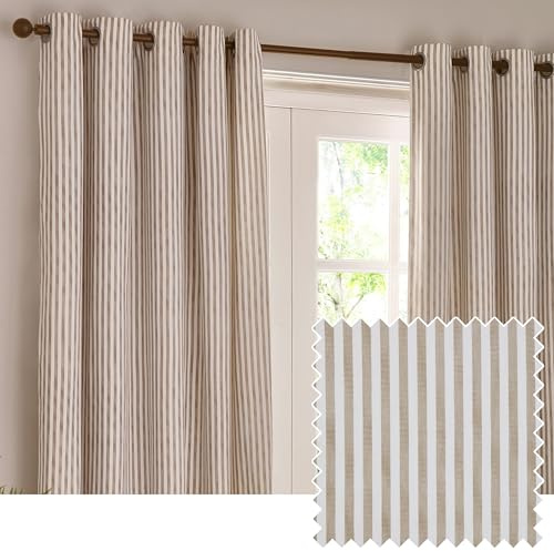 Yard furn Hebden Eyelet Curtain Pair – Ultra Soft Cotton Lined Striped Curtains (Natural - 229x229cm)