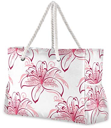 OWFKAY Grande borsa da spiaggia in tela tote borsa a tracolla rosa e viola gigli borse resistenti all'acqua per palestra viaggi quotidiano, Gigli Rosa Viola, Taglia unica
