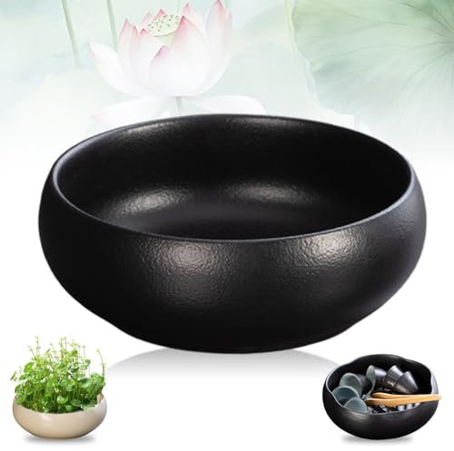 Lotus Bowl Planter, Retro Ceramic Lotus Flower Bowls, Round Ceramic Plant Pots, Planter for Planting in Water Indoors, Applicable to Succulent Plants Hydroponic Plant (Black A)