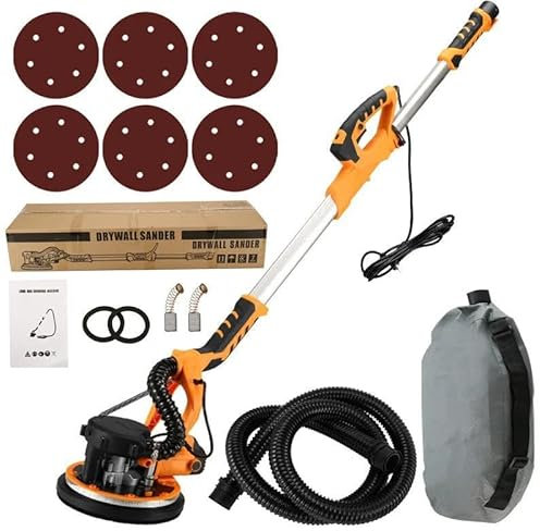 Lijadora jirafa de 225 mm con eliminación automática y LED, mango telescópico (1000 W, longitud del cable: 400 cm, 6 niveles de velocidad, 1200 RPM, viene en caja con 6 discos de lijado)