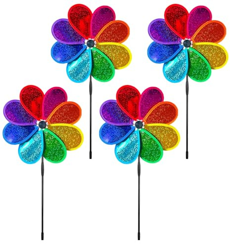FINELYCR Windmühle, 4 Stück Windräder, 30 cm Gartenwindmühlen, Achtblätter Glitter Windrad Balkon, Gesamthöhe 71 cm Windmühlen Garten, mit Spitze, für Garten, Balkon, Rasen