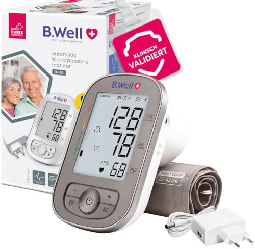 B.Well Swiss Tensiomètre Bras TH-75 Automatique, Détection Fibrillation Auriculaire et Arythmie, Brassard Anatomique Lavable 22 à 42 cm, Mémoire 2 Utilisateurs, adaptateur inclus