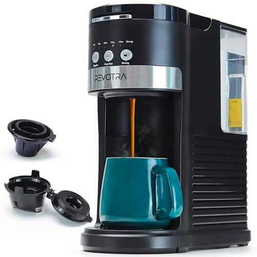 REVOTRA Single Serve Coffee Maker for Pods & Ground Coffee, 6 to 14oz Brew Sizes, Strong Brew Option, Fast Brewing, Compact Design with Removable 40oz Reservoir, Travel Mug Friendly