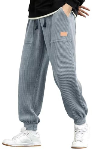 WINKEEY Pantaloni in Velluto a Coste da Uomo Pantaloni Cargo con Coulisse e Vita Elastica con 4 Tasche,Blu Grigio M