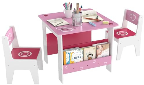 AIYAPLAY Set Tavolo con 2 Sedie per Bambini, Tavolino con Scaffale Libreria Integrato, Mobili per Cameretta e Salotto in Legno MDF con Disegni a Cuori, Età 3-8 Anni, Rosa