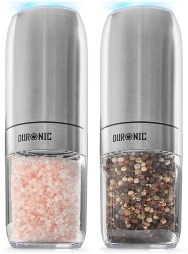 Duronic EMB2 Set 2 Macinasale pepe Elettrico, Macina Spezie automatico 150 ml, Gravità Senza Pulsanti, Regolabile Fine Grossa, Luce LED Macinino Sale Pepe, Portatile Alimentazione Batterie