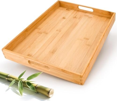 Vassoio da Portata in Bambù Con Manici,45x33x4.5CM,Vassoio in Bambù per Cucina,Vassoio Da Pranzo per Colazione Vassoio Da Portata Per Caffè Vino Caffè Tè Frutta Pasti