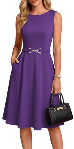 GRACE KARIN Vestido de verano para mujer, elegante, sin mangas, cuello en V, color liso, largo hasta la rodilla, acampanado