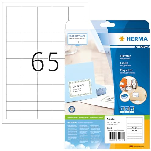 Herma 5027 - Etiquetas adhesivas (1625 unidades, 65 en cada hoja, rectángulares, 38,1 x 21,2 mm), color blanco