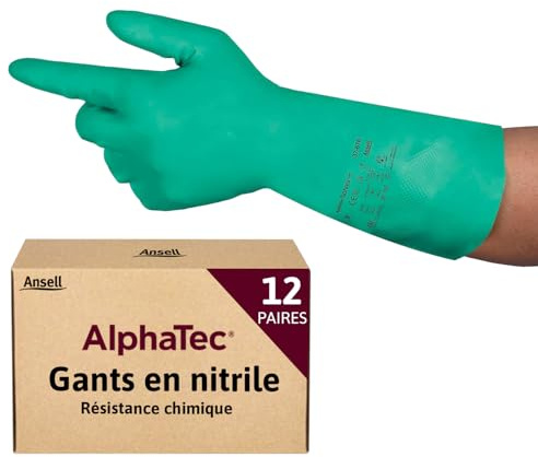 Ansell AlphaTec 37-675 Guanti da Lavoro in Nitrile, Resistenti a Sostanze Chimiche Aggressive e all'Abrasione, Impermeabili e Riutilizzabili, Alta Protezione Chimica, Verde, Taglia S (12 Paia)