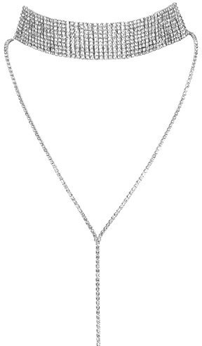 JewelryWe Schmuck Frauen Damen Multi Reihen Strass Choker Halskette Pullover Lange Kette mit Anhänger Halsband Silber