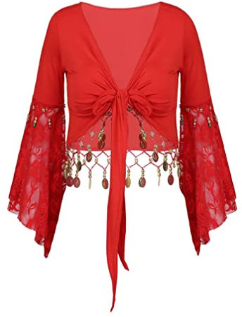 TiaoBug Damen Bauchtanz Kostüm Oberteil Langarm Spitzen Trompetenärmel Jäckchen Binden Top Knoten Shirts Bluse mit Münze Quasten Rot L