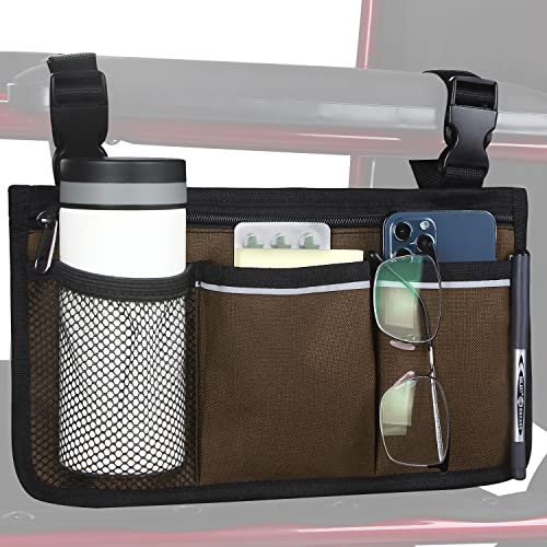 HSGEZUOQI Wheelchair Side Bag, Armrest Storage Pouch with Cup Holder and Reflective Strip Use of Waterproof Fabric for Most Wheelchairs, Walkers or Rollators (Coffee)