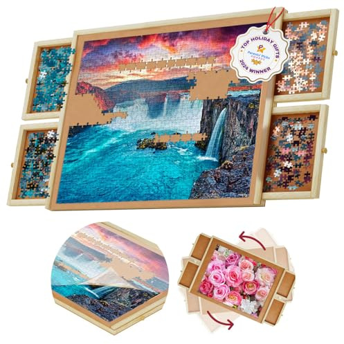 1000 Piece Rotating Puzzle Board with Drawers and Cover - 4 Drawers, Wooden Jigsaw Puzzle Table | 30” X 22”| Jigsaw Puzzle Board - Portable Puzzle Tables for Adults and Kids by Beyond Innoventions