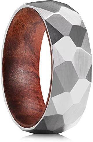 King Will Anello in titanio martellato 8 mm argento/nero intarsiato in legno foro interno fede nuziale per uomo opaco spazzolato comfort fit, W 1/2(65.91mm), Titanio, Nessuna pietra preziosa