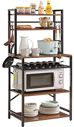 YMYNY Étagère de Cuisine, Meuble de Rangement à 6 Niveaux avec 12 Crochets en S, Style Industriel Étagères de Stockage pour Four à Micro-Ondes, Cadre en Acier, 58 x 39 x 144CM, Marron Rustique HBR003H