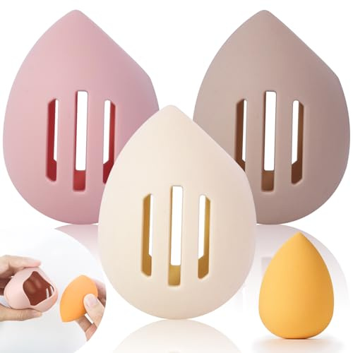 Furuising Lot de 3 Porte Beauty Blender, Porte Eponge Maquillage Silicone, Respirant Support éponge Maquillage, Réutilisable Makeup Sponge Holder pour Les Voyages(Kaki Rose Beige)