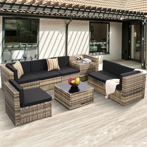 KROFEM 8-Piece Patio Furniture Set, Outdoor Wicker Rattan Sectional with Thick Cushions, Glass Top Table with Hidden Storage, Outdoor Conversation Set for Backyard, Porch, Patio, Black