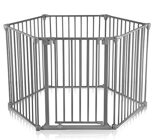 Baby Vivo Kaminschutzgitter 380 cm XXL Kinderlaufgitter Laufstall mit Tür Absperrgitter Ofengitter Treppenschutzgitter Türschutzgitter Raumteiler 5+1 mit Tür Stahlgrau (5 Elemente und Tür) - PREMIUM