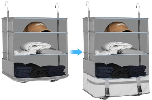 Armario Plegable Organizador Colgante para Maleta con Estantería, Bolsas de Compresión y Cubos de Embalaje Oxford Gris