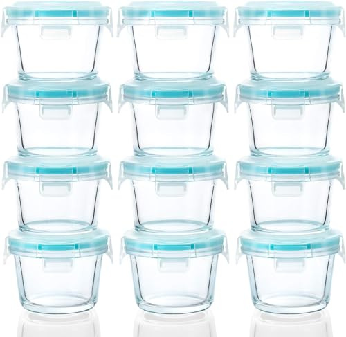 12 Pack Glass Baby Food Storage Containers, 6 Oz Baby Food Glass Containers with Airtight Locking Lids for Snacks, Overnight Oats, Condiment Salad Dressing Sauce, Microwave, Dishwasher Safe (Round)