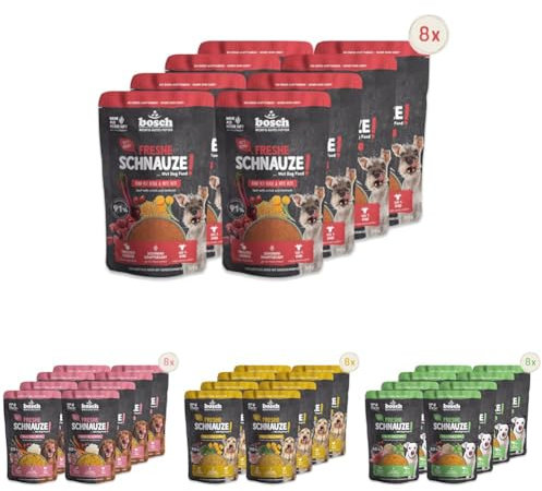 Multipack Bosch Freshe Schnauze: 32 x 250 g Schonend Dampfgegartes Nassfutter für Hunde | 4 Sorten mit 8 x 250 g | Rind, Pute, Huhn mit Kürbis & Huhn mit Reis | Hundefutter Vorteilspack Bosch