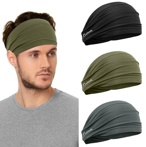 Bandeaux Cheveux Hommes et Femmes - Serre Tete de Sport Larges pour Le Fitness, Jogging, Course, Cyclisme, Randonnée, Yoga - Lot de 3 (Noir + Vert Militaire + Gris Foncé)