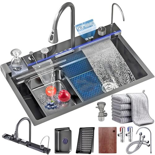 Schwarzes Küchenspüle 1 Multifunktion Waschbecken, Kitchen Sink Modern Edelstahl Küchenspüle Wasserfall mit Entwässerungskomponente, Schneidebrett, Seifenspender, Anleitung (80 x 45 x 22cm）