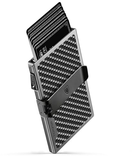LORZOR Cartera Tarjetero Hombre Fibra de Carbono Militar, Carteras para Hombre Pequeñas con Clip para Billetes Desmontable, Billeteras para 7 Tarjetas, Tarjetero RFID, Wallet Pop-up, Regalo