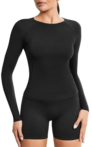 PINSPARK Women's Gym Tops Long Sleeve Sports T-Shirt Workout Yoga Top Lightweight Quick Dry Breathable Running Tee Shirts Athletic Activewear Black M
