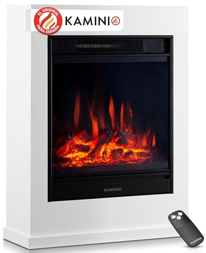 KAMINIO Chimenea eléctrica Kalle - Chimenea eléctrica de pie con calefacción, Efecto de Llama 3D, Control Remoto (Blanco)