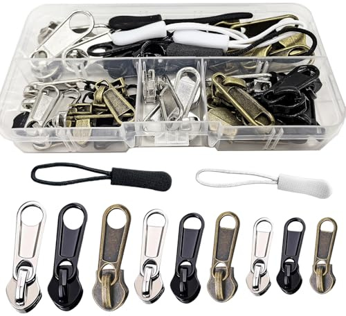40 Pcs Zipper Pull Replacement, Metal Zipper Head for Nylon Coil Zipper, Essential Sewing Supplies for Repairing Clothes Jeans Coats Jacket Backpack Luggage Tents