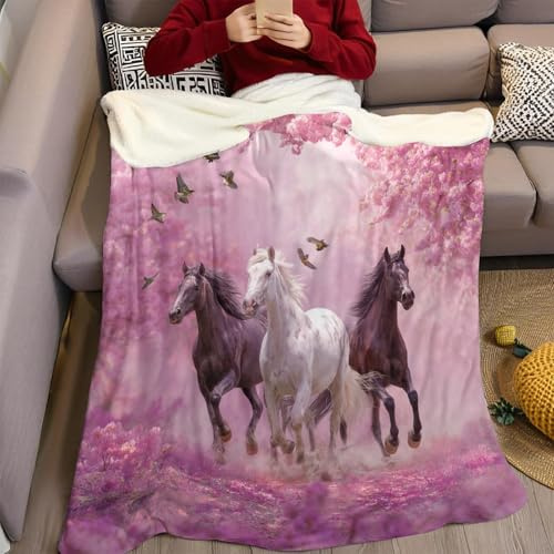 Rose Couverture Polaire 130 x 150 cm Fleurs de Cerisier et Chevaux Impression 3D Plaid Polaire Douce Moelleuse Chaudes Flanelle Couverture de Lit Plaid pour Filles et Garçons