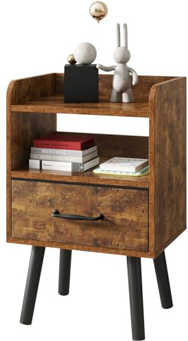 YMYNY Comodino, Tavolino da Salotto, Tavolino in Legno, Cassetto con Tessuto Rimovibile, Ripiano Aperto, 39x29x62 cm, per Camera da Letto, Soggiorno, Marrone Rustico HST021H