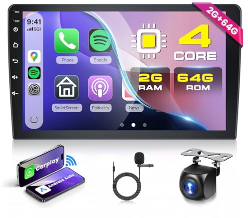 Rimoody 2G+64G 9 Android Autoradio 2 Din, Carplay & Android Auto Senza Fili, 9 Pollici Touchscreen Radio Carplay Navigazione GPS FM/RDS Radio EQ Mirror Link Bluetooth WiFi Telecamera Posteriore
