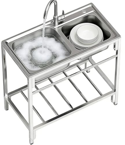 Lavandino Indipendente, Lavandino for Lavanderia in Acciaio Inossidabile con Supporto in Metallo Resistente, Rubinetto, Cestello di Scarico e Tubo Flessibile for Lavanderia, Garage, Cucina