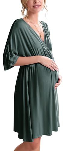 Ekouaer Delivery Gown Womens Short Sleeve Maternity Nursing Sleepwear (Dark Green, Large)