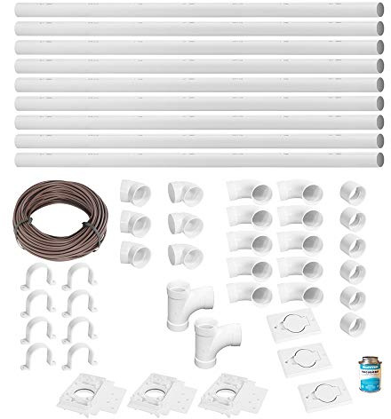OVO Complet Central Vacuum 3 inlets Installation kit with 48 ft PVC Pipe and Fittings Included, White (INST-3P-WH-NAD)