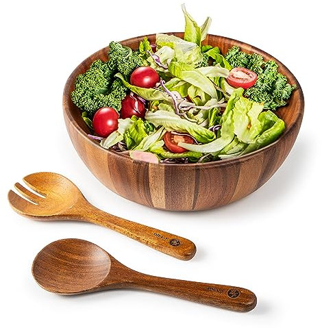 Bill.F Salatschüssel aus Holz, 30 cm Salatschüssel-Set aus Akazienholz, Große Salat-Rührschüssel mit Servern, 3-teiliges Großes Salatschüssel-Set