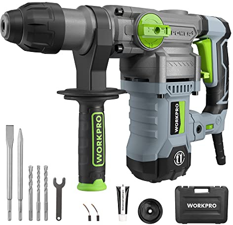 WORKPRO 1-1/4 Inch SDS-Plus Rotary Hammer Drill, 12.5AMP, Heavy Duty Corded Version for Concrete Demolition Chipping Rotomartillo, 5 SDS-Plus Bits