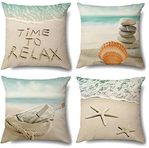 OCEUMACO Leinen Kissenbezug 45x45 Natur Strand Muster Kissenhülle 4er Set Quadratisch Dekokissen Sofakissen Bezug für Couch Mintgrün Meer Kissen Kissenbezüge Deko Zierkissen Couchkissen Outdoor