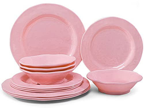 LEHAHA Pink Dishes - Vajilla de melamina, 12 piezas, platos de cocina y cuencos, ligeros, sin BPA, para autocaravana, camping