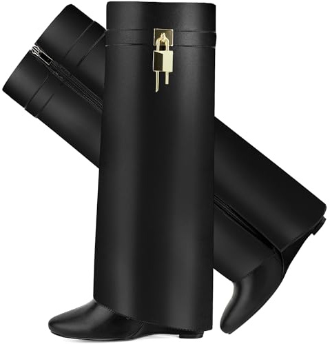 CDHYX Fold Over Boots for Women Pointy Pull-on Wedge Heel Knee Shark Boot With Side Zipper Padlock Design (Black 6)