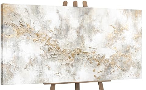 YS-Art Cuadro pintura abstracta hecho a mano en beige con líneas doradas Geschichte Decoración de pared salon modern Arte murale 200x100 cm